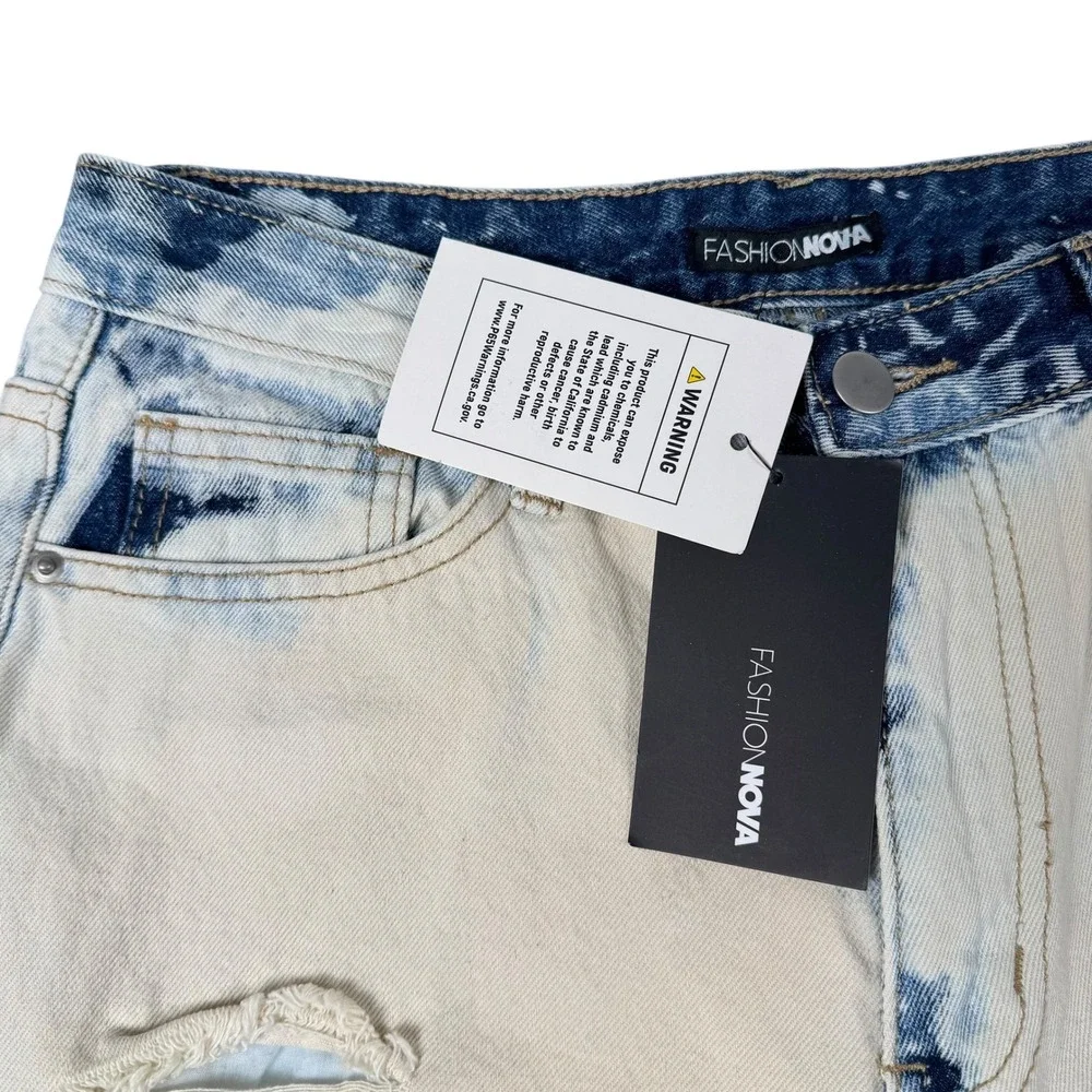 Fashion Nova Break It Off Boyfriend Jeans Bleach Blue Wash Distressed Size 5 NEW